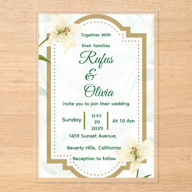 Elegant Floral Wedding Invitation with Gold Frame  (Front)