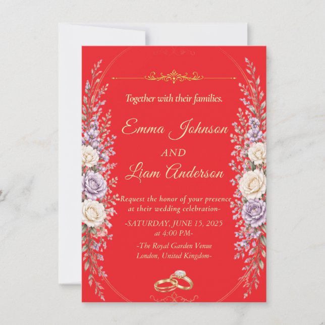 Elegant Floral Wedding Invitation with Gold Frame (Front)