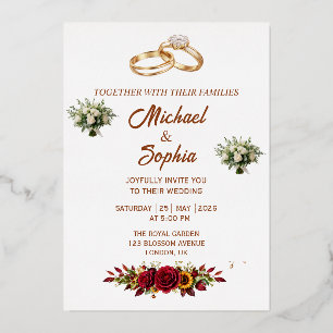 Elegant Floral Wedding Invitation with Gold Rings Foil Invitation