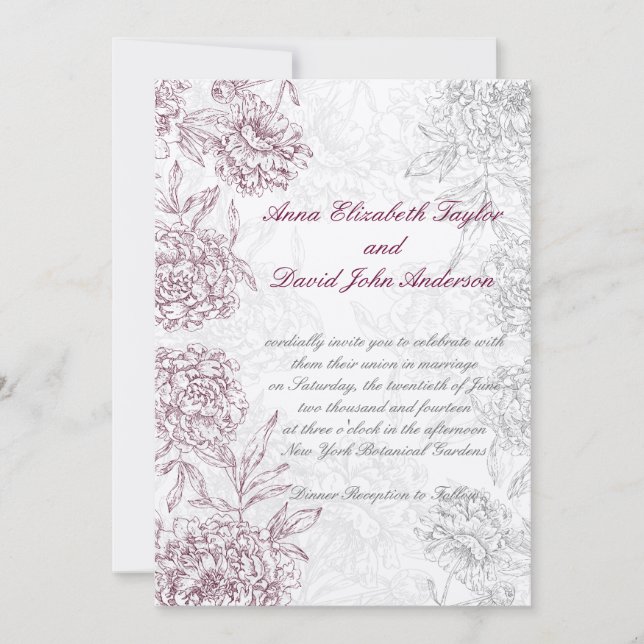 Elegant Floral Wedding Invitations Wine Red Cream (Front)