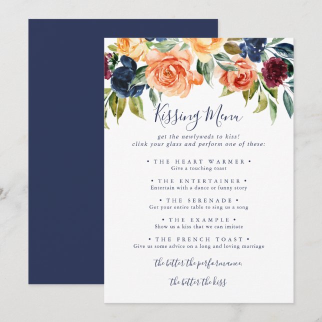 Elegant Floral Wedding Kissing Menu Game Card (Front/Back)