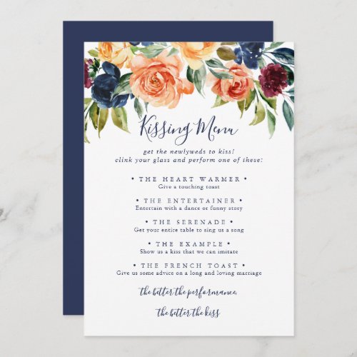 Elegant Floral Wedding Kissing Menu Game Card