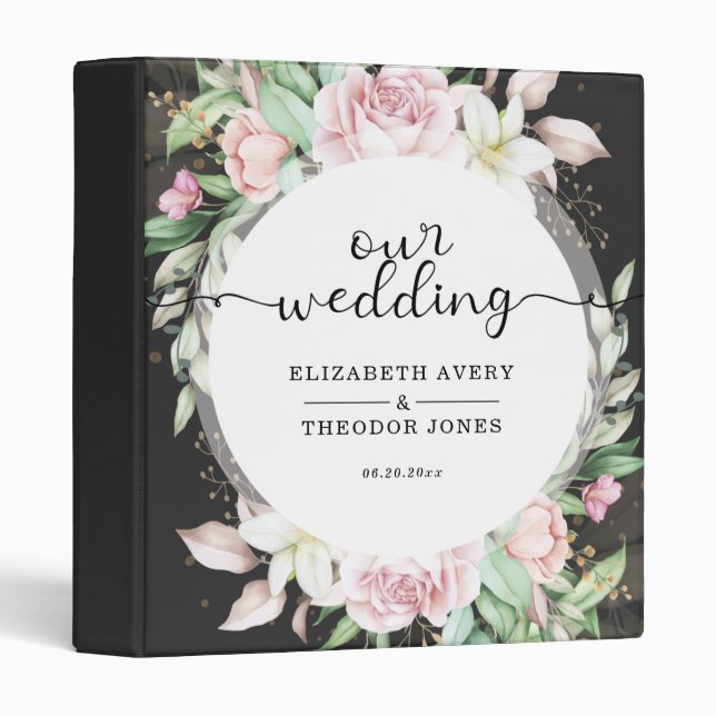 Elegant Floral Wedding Luxury Black and Pink 3 Ring Binder (Front/Spine)