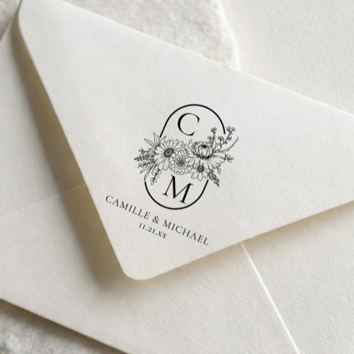 Elegant Floral Wedding Monogram Self Inking Stamp