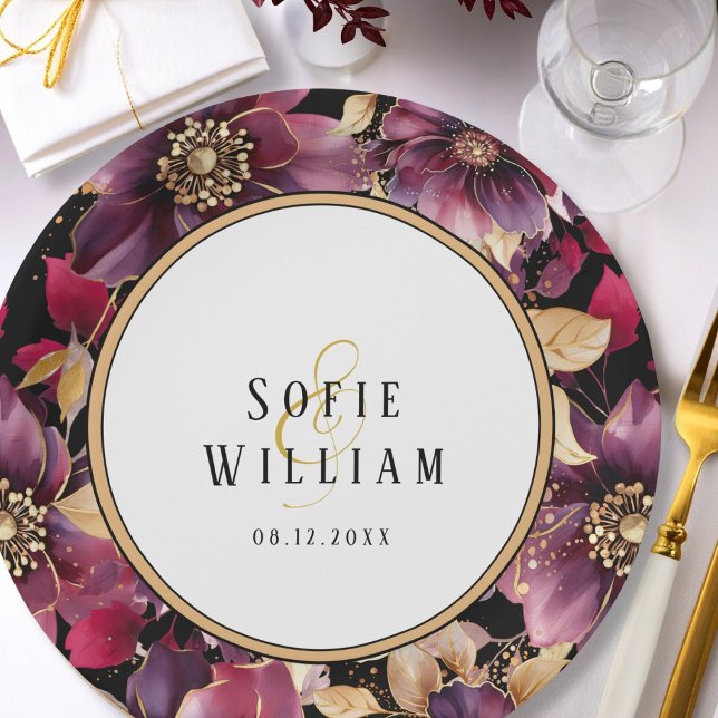 Elegant Floral Wedding Names Date  Paper Plates (Creator Uploaded)