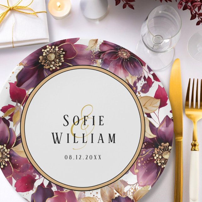 Elegant Floral Wedding Names Date  Paper Plates (Creator Uploaded)