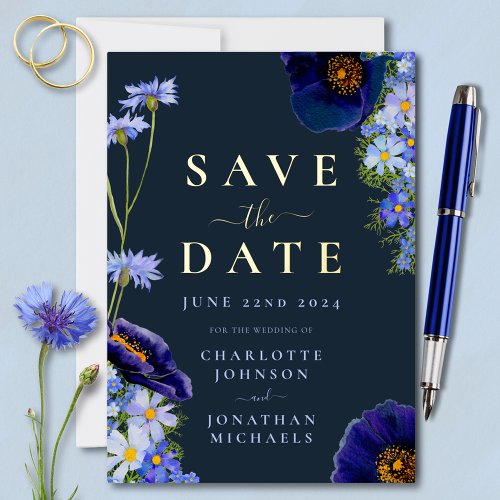 Elegant Floral Wedding Navy Blue and Gold Foil Invitation