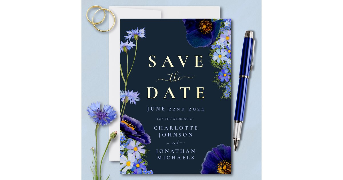 Elegant Floral Wedding Navy Blue and Gold Foil Invitation | Zazzle
