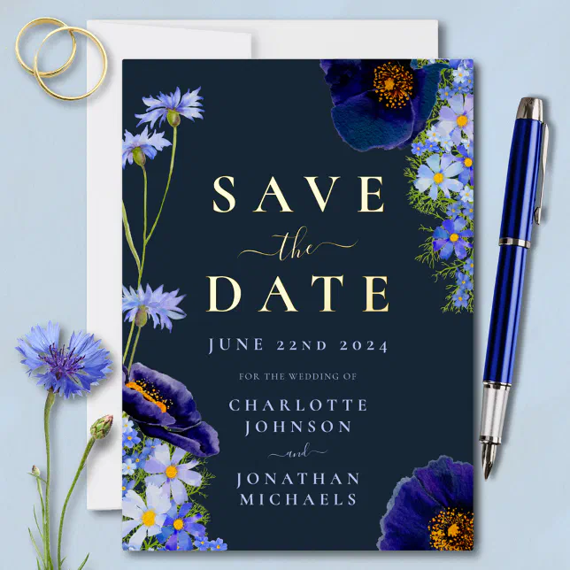 Elegant Floral Wedding Navy Blue and Gold Foil Invitation | Zazzle