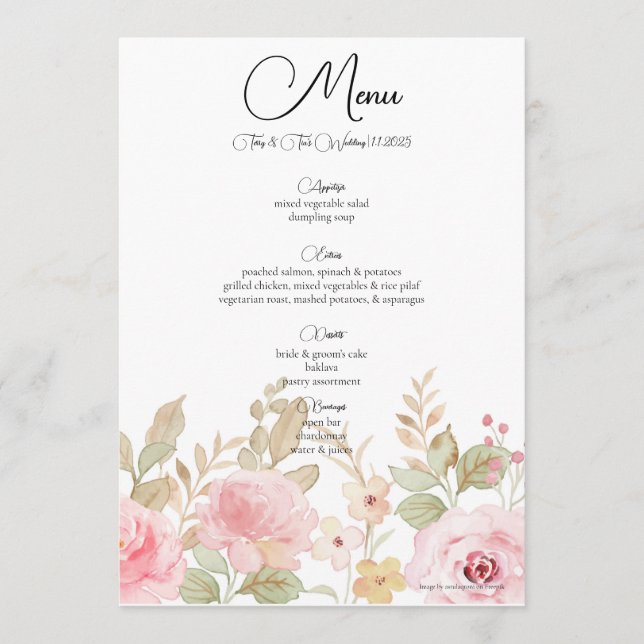 Elegant Floral Wedding Personalized Reception Menu (Front)