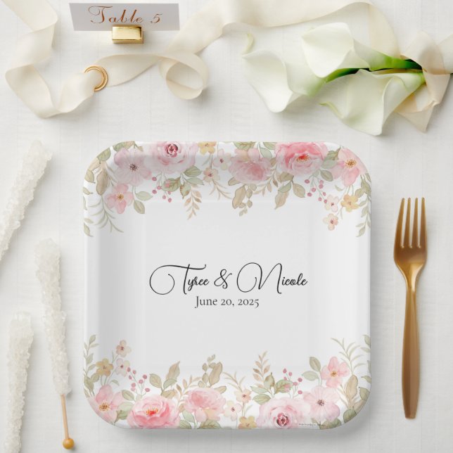 Elegant Floral Wedding Personalized Wedding  Paper Plates (Wedding)