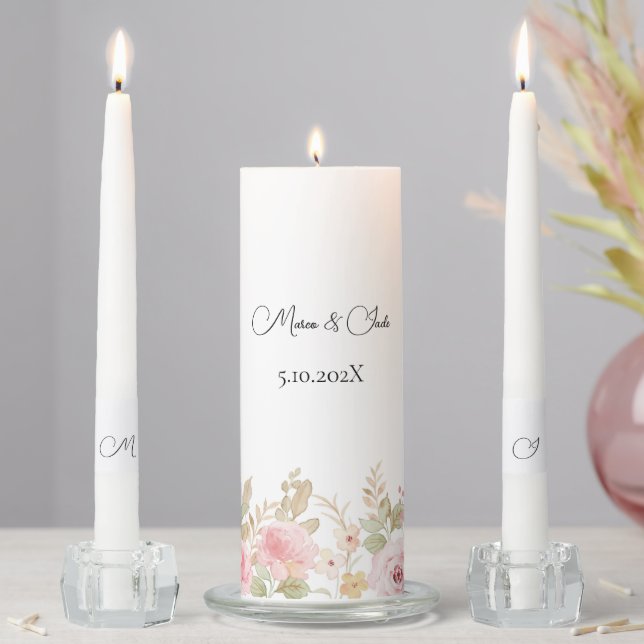 Elegant Floral Wedding Personalized Wedding Unity Candle Set (In Situ)