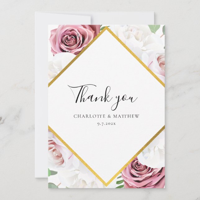 Elegant Floral Wedding Photo Custom Thank You Card (Front)