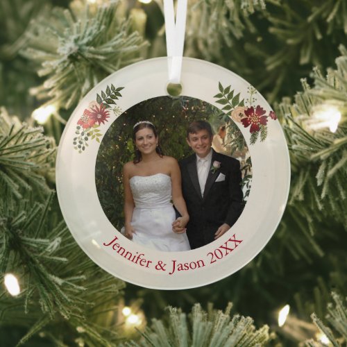 Elegant Floral Wedding Photo Keepsake Christmas Glass Ornament