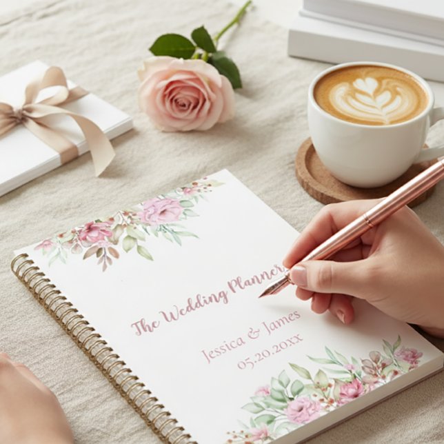 Elegant Floral Wedding Planner Journal (Soft lifestyle moment with a spiral planner for journaling and reflection)