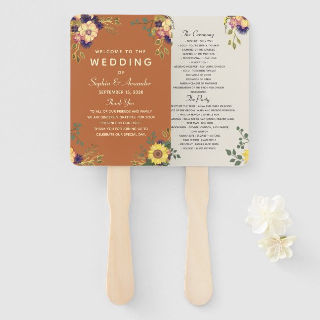 Elegant Floral Wedding Program Hand Fan (Front and Back)