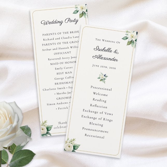 Elegant Floral Wedding Program Template (An elegant wedding program personalized with the couple's names, wedding date and ceremony details)
