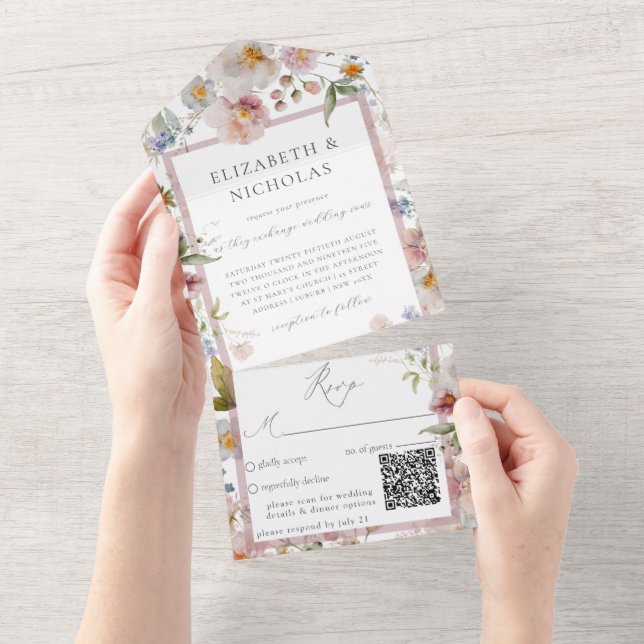 Elegant Floral Wedding QR Code All In One Invitation (Tearaway)