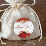 Elegant Floral Wedding Roses Thank You Classic Round Sticker<br><div class="desc">These luxurious thank you stickers make it easy to thank your wedding guests with elegance. Perfect for wedding favors,  the design features gold filigree with jewels and gorgeous red roses over white satin.</div>