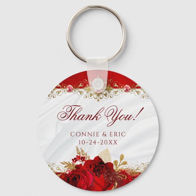 Elegant Floral Wedding Roses Thank You Favor Keychain (Front)