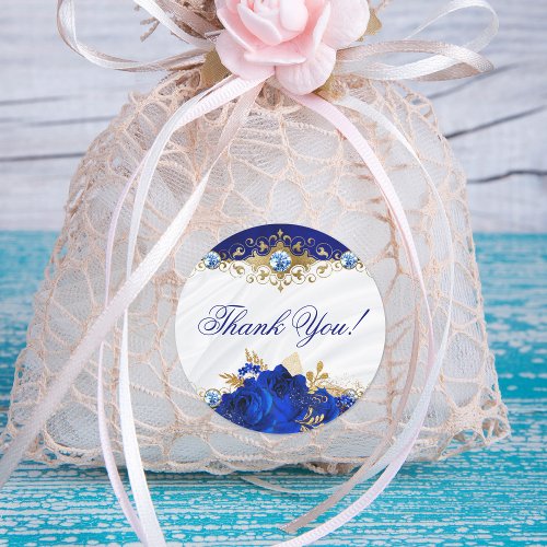 Elegant Floral Wedding Royal Blue Thank You Classic Round Sticker