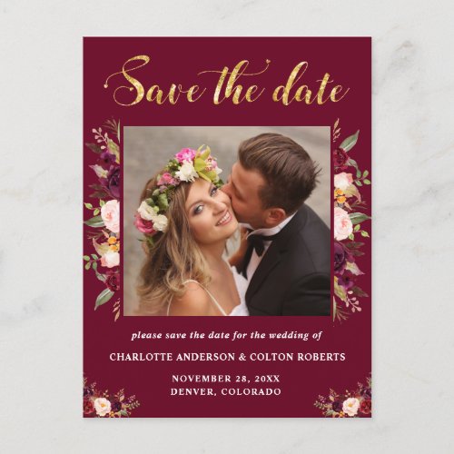 Elegant Floral Wedding Save The Date Burgundy Announcement Postcard
