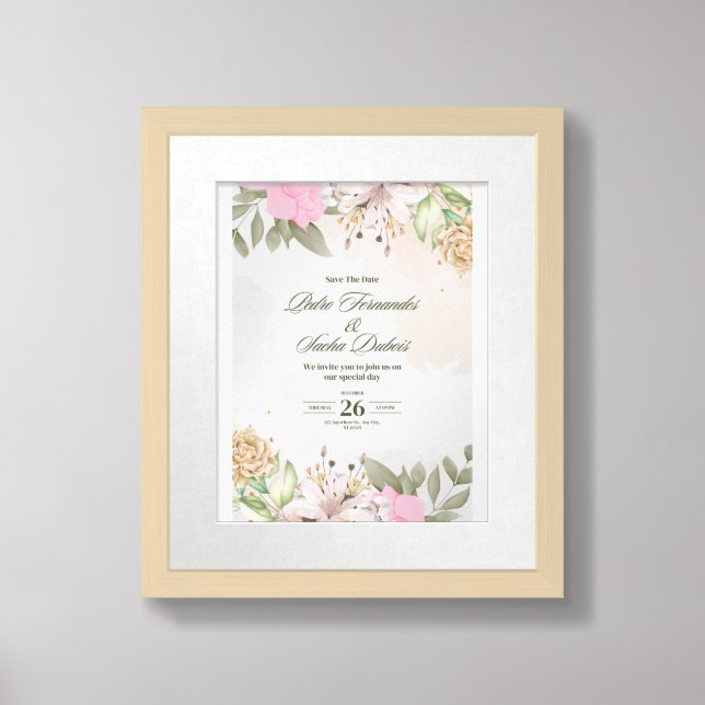 Elegant Floral Wedding Save The Date Wall Art | Pe (Framed Front)