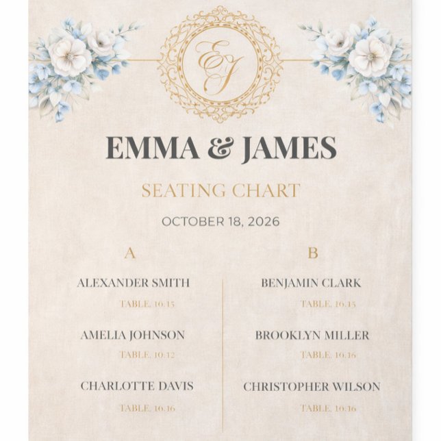 Elegant Floral Wedding Seating Chart Tapestry (Elegant wedding seating chart with floral accents and gold monogram for guest table assignments)
