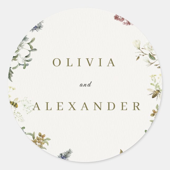 Elegant Floral Wedding Small Round Sticker | (Front)