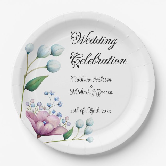 Elegant Floral Wedding Soft Botanical Romance Paper Plates (Front)