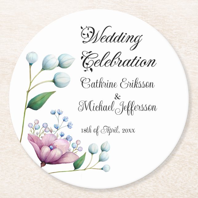 Elegant Floral Wedding Soft Botanical Romance Round Paper Coaster (Front)