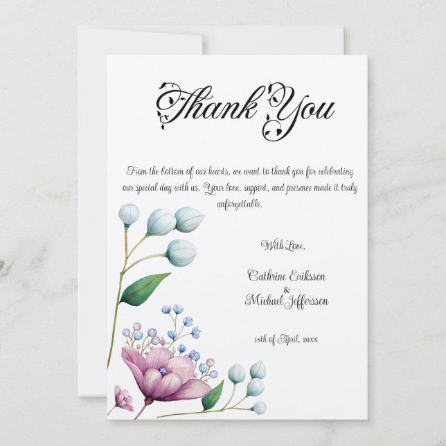 Elegant Floral Wedding Soft Botanical Romance Thank You Card (Front)