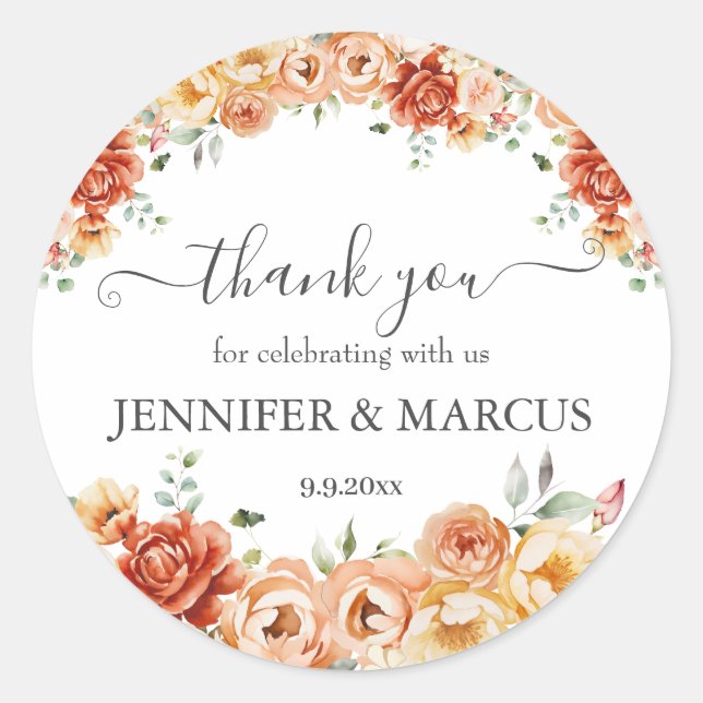 Elegant Floral Wedding Thank You Favor  Classic Round Sticker (Front)