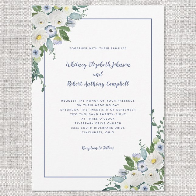 Elegant Floral Wedding Watercolor White Blue Chic Invitation (Creator Uploaded)