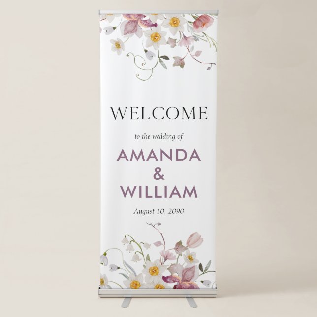 Elegant Floral Wedding Welcome Retractable Banner (Front)