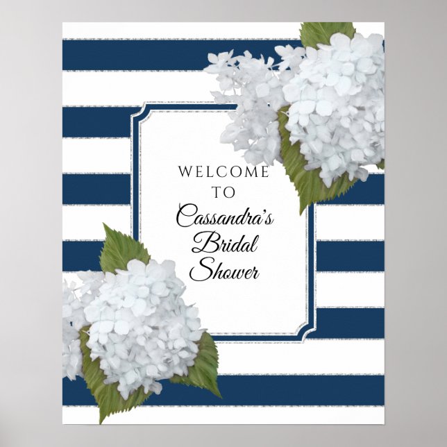 Elegant Floral Welcome Modern Navy White Stripe Poster (Front)