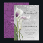 Elegant Floral White and Purple Calla Lily Wedding Invitation<br><div class="desc">Unique, elegant white and purple cally lily wedding invitations that you can personalize to make your own! Created by Raphaela Wilson from watercolor and mixed media, this custom diy floral template depicts 2 graceful purple and white calla lilies side by side together atop a bouquet patterned silver gray background. White...</div>