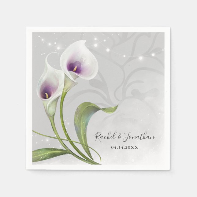 Elegant Floral White and Purple Calla Lily Wedding Napkins (Front)