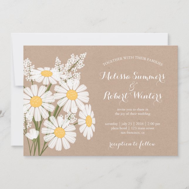 Elegant Floral White Daisies Beige Wedding Invitation (Front)