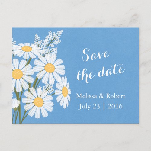 Elegant Floral White Daisies Blue Save the Date Announcement Postcard