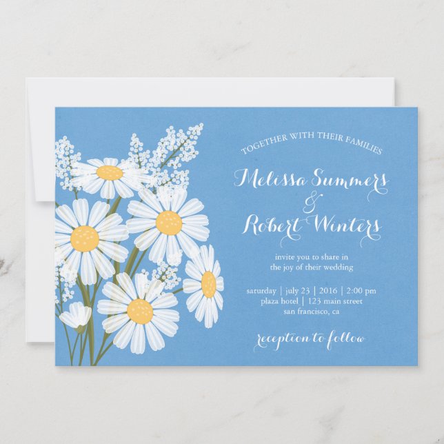 Elegant Floral White Daisies Blue Wedding Invitation (Front)