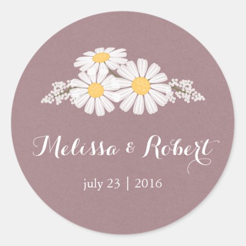 Elegant Floral White Daisies Bouquet Wedding Classic Round Sticker