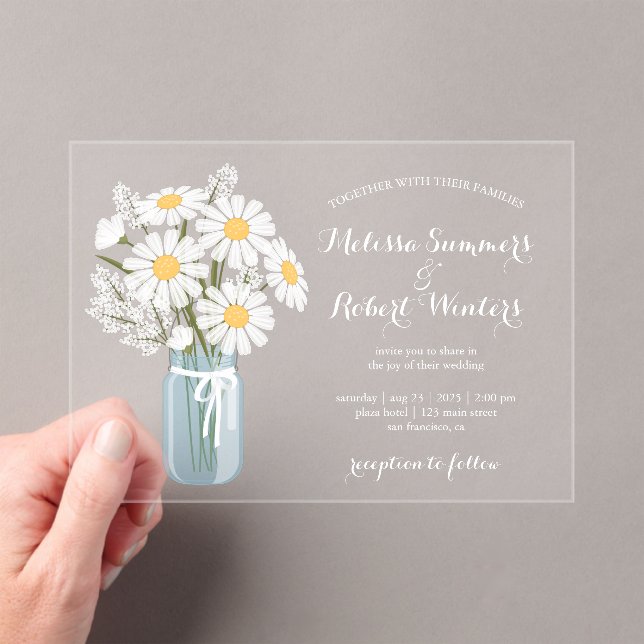 Elegant Floral White Daisies Mason Jar Wedding Acrylic Invitations (Insitu (Handheld))