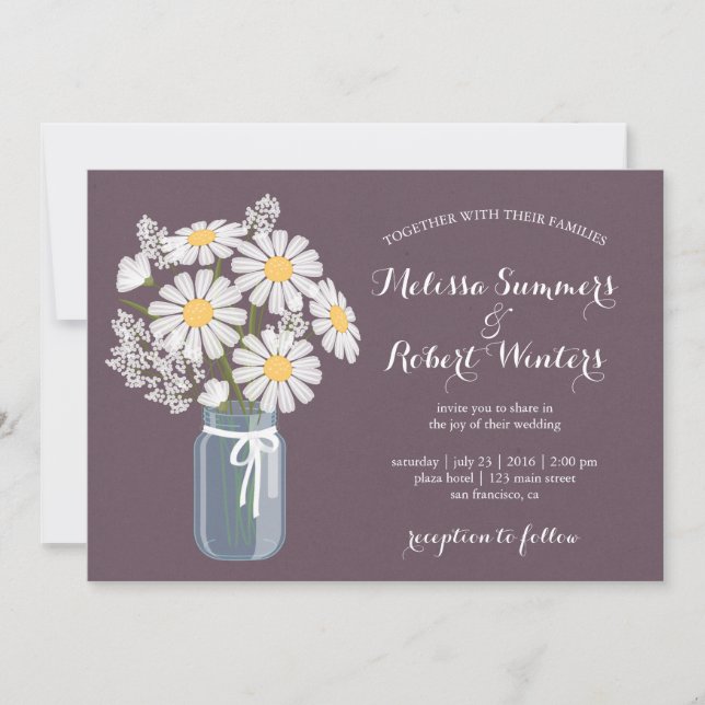 Elegant Floral White Daisies Mason Jar Wedding Invitation (Front)
