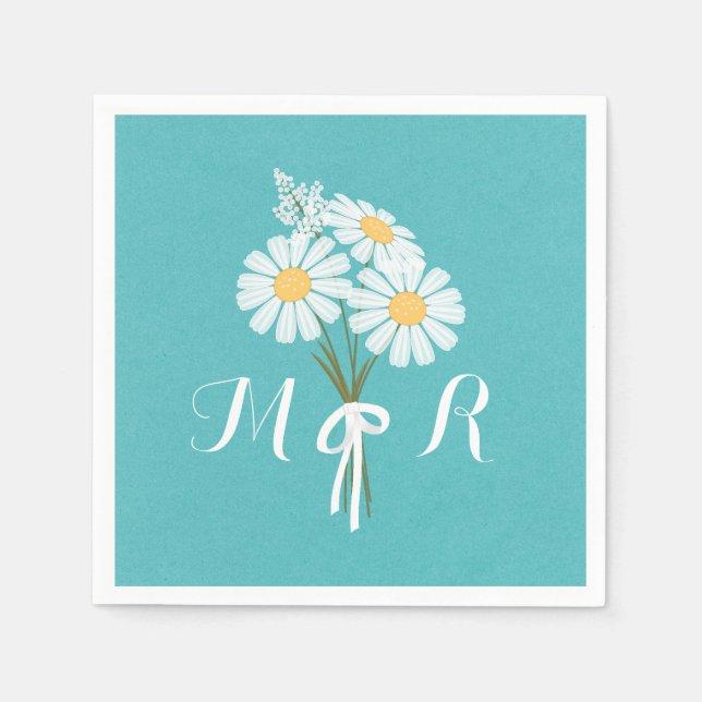 Elegant Floral White Daisies Monogram Wedding Paper Napkins (Front)
