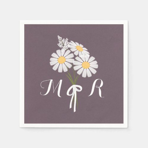 Elegant Floral White Daisies Monogram Wedding Paper Napkins