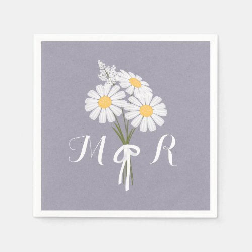 Elegant Floral White Daisies Monogram Wedding Paper Napkins