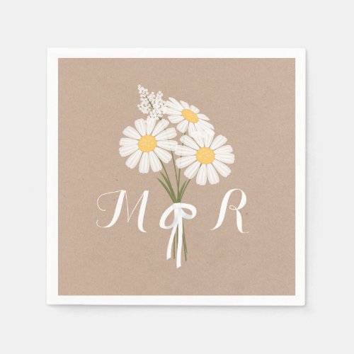 Elegant Floral White Daisies Monogram Wedding Paper Napkins