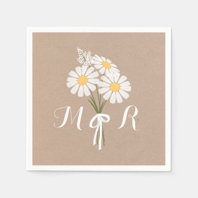 Elegant Floral White Daisies Monogram Wedding Paper Napkins (Front)