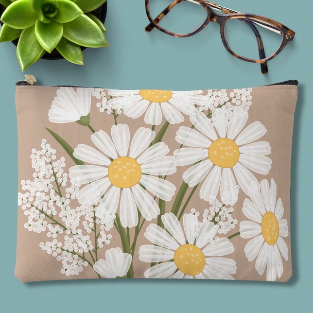 Elegant Floral White Daisies on Beige Accessory Pouch (Creator Uploaded)